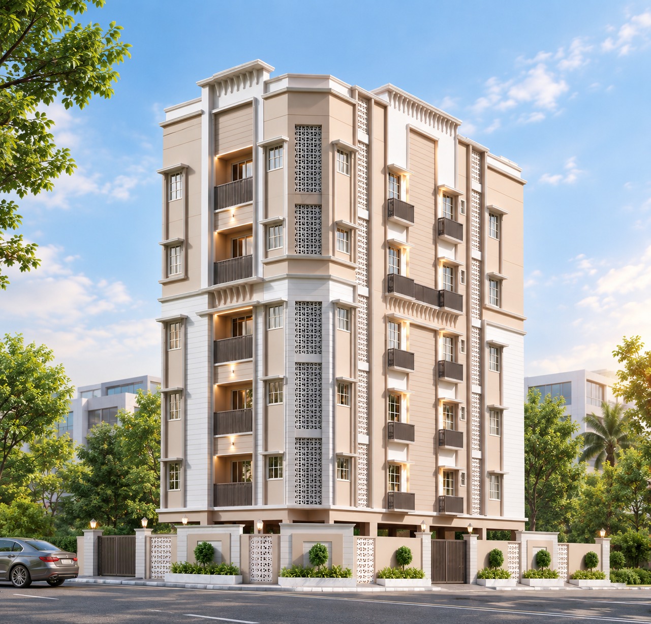 Architectural elevation of a Bhuvaneshwari Constructions residential development