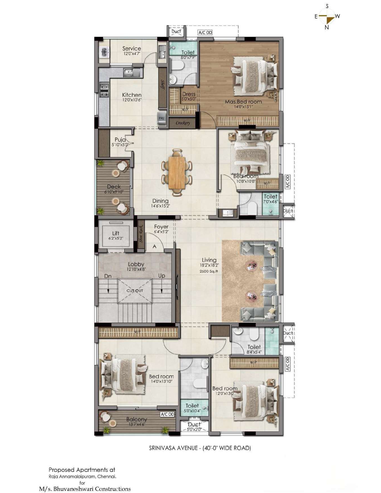 Anusham 4 BHK apartment floor plan, 2,600 square feet